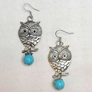 Turquoise Owl Earrings Silver Tone